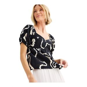 Nine West Women's Babydoll Black and White Short Balloon Sleeves Top, Size‎ XS